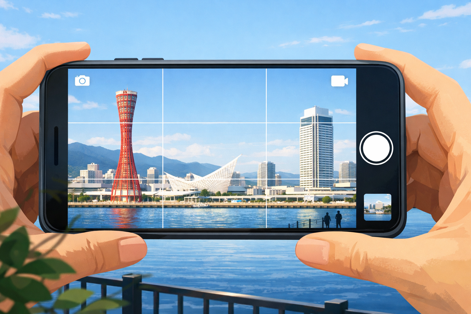 スマホ画面で三分割構図と前景を意識して神戸の景色を撮るイメージ図