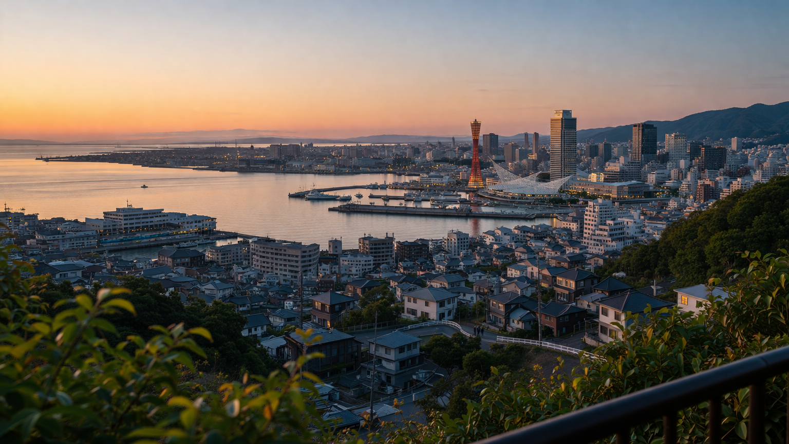 夕暮れの高台から見下ろした神戸の街並みと港の絶景