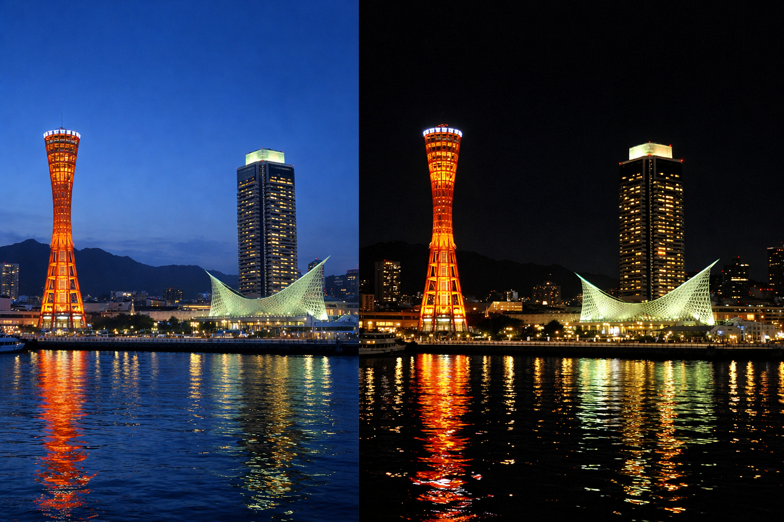 ブルーアワーと夜の神戸港を同じ構図で比較した夜景イメージ