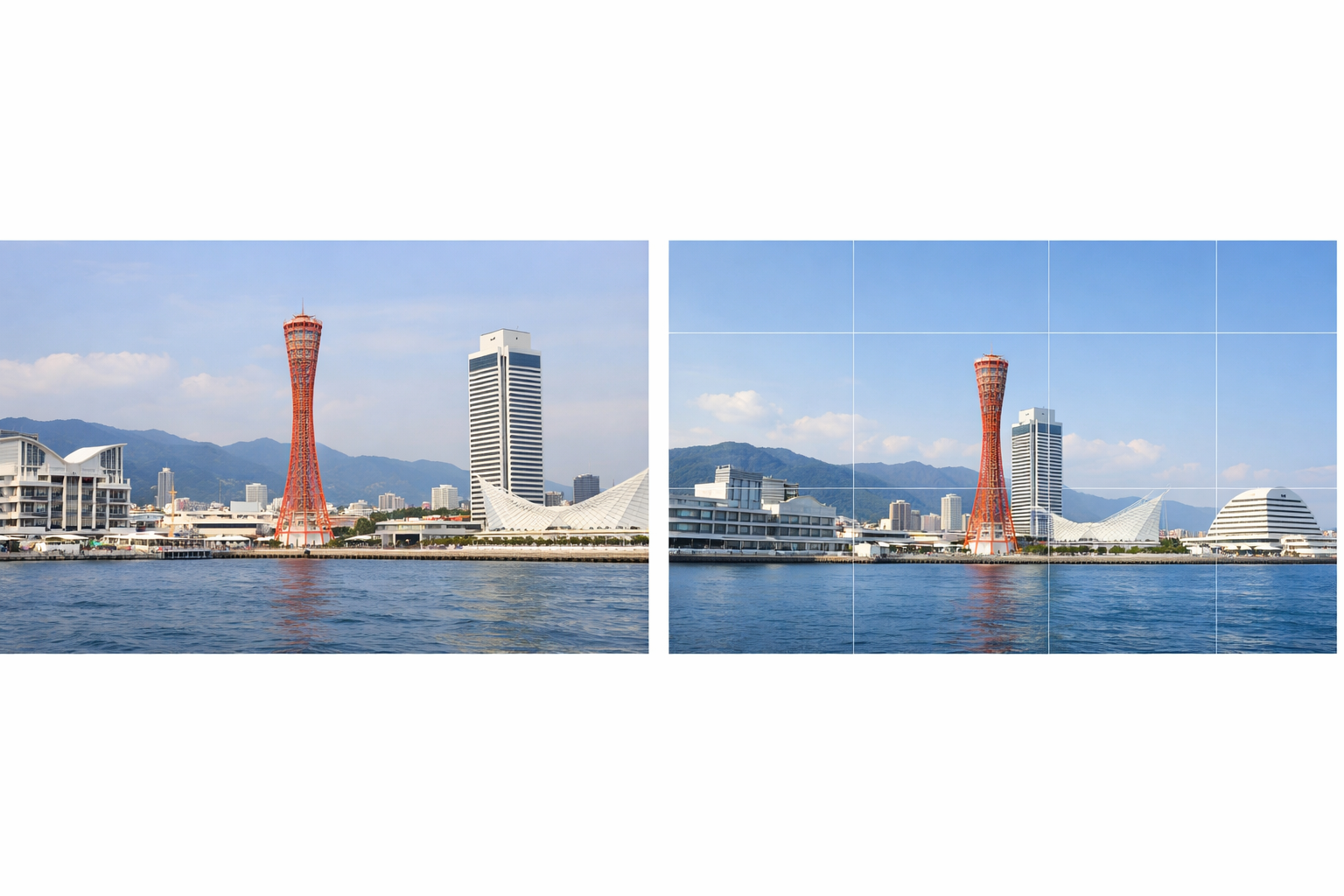 神戸の風景写真で三分割法と水平の違いを比較した図解